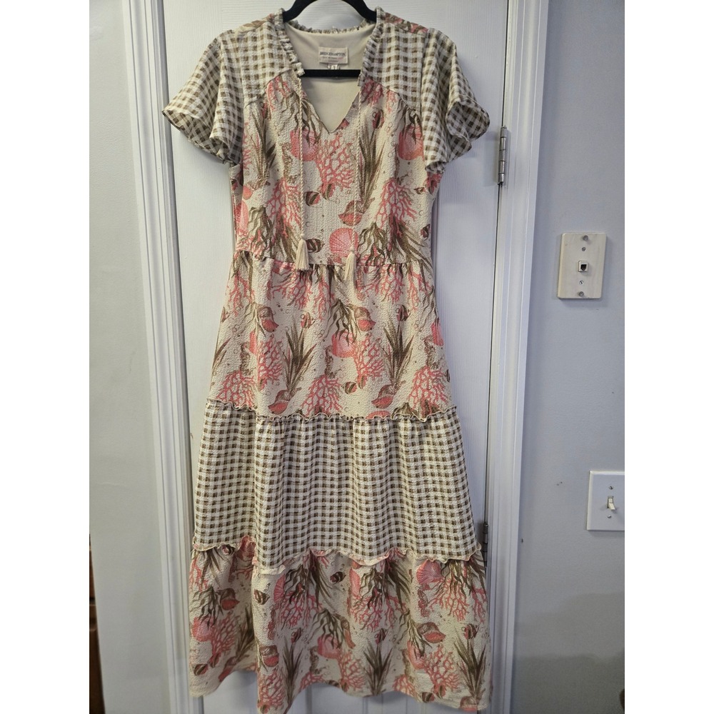 Bridgehampton Isaac Mizrahi Coral Gingham Tiered Maxi Dress XS Nautical Boho